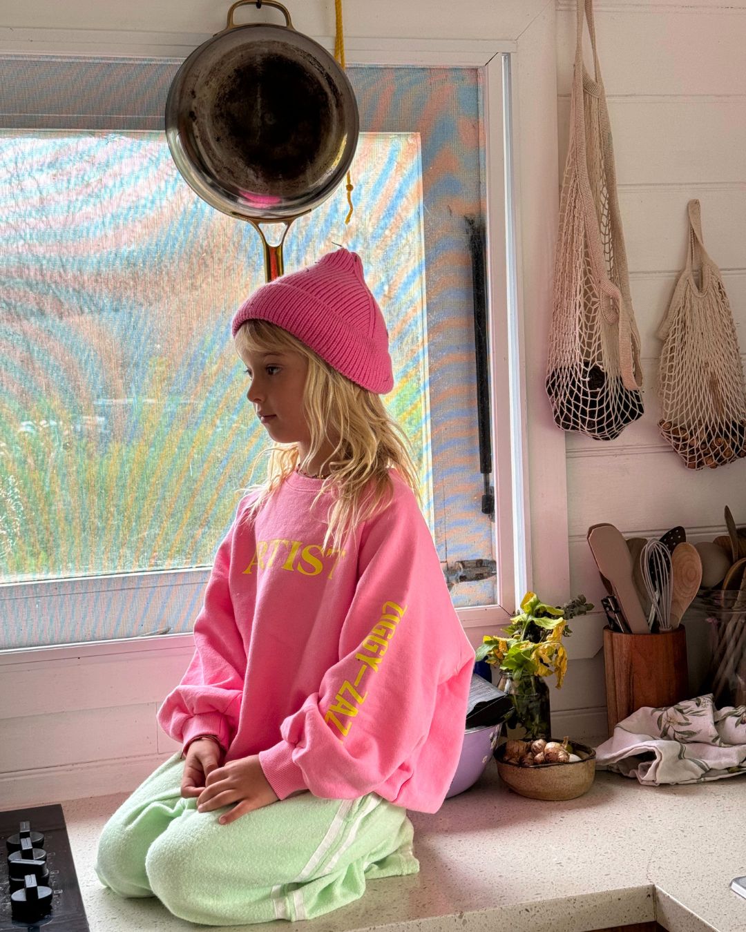 artist pullover | pink pop + yellow print