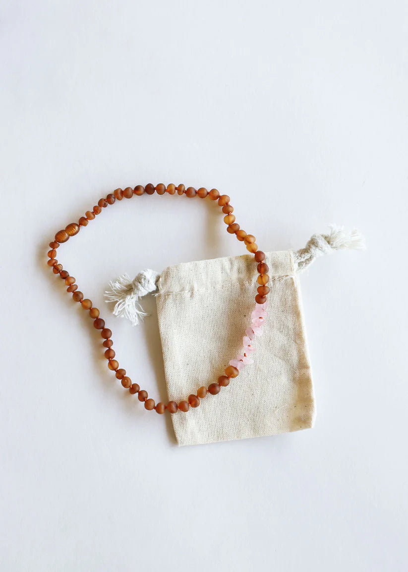 caramel baltic amber + raw rose quartz | necklace